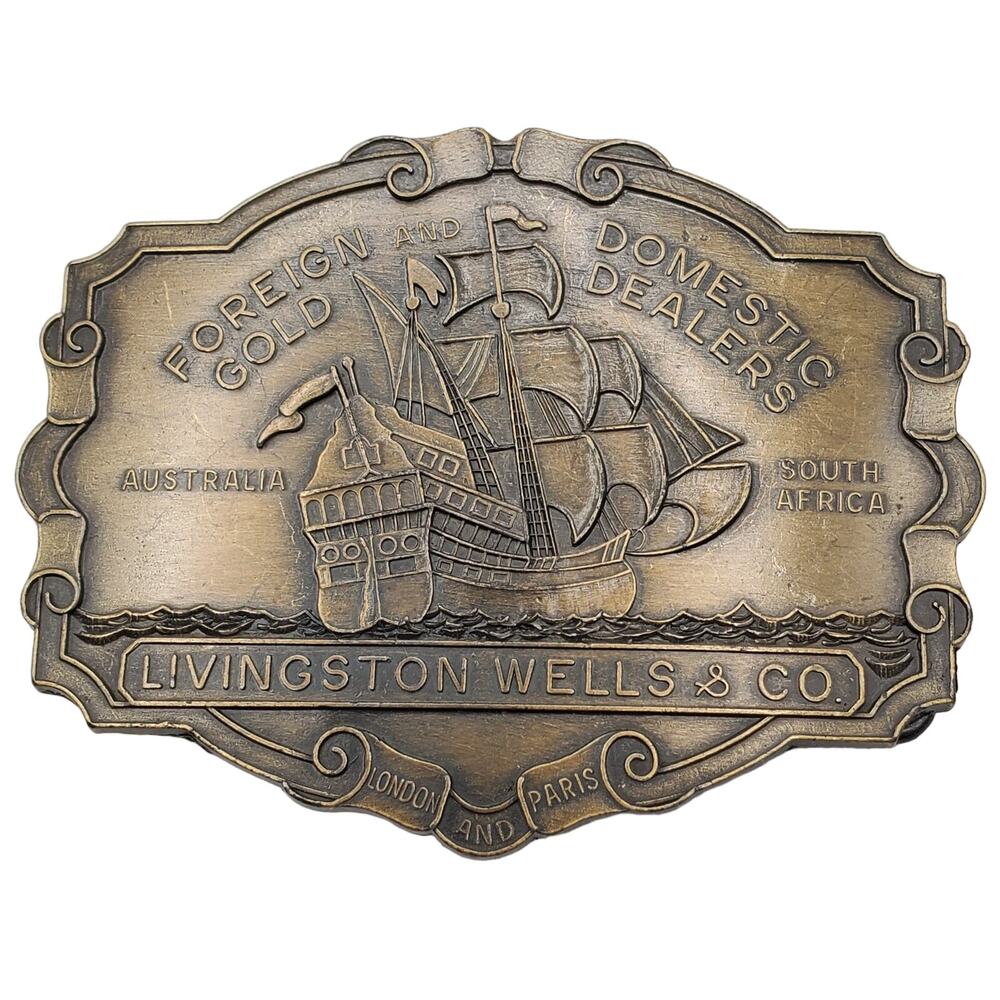 Pirate Ship Brass Belt‎ Buckle Livingston Wells Co Foreign Domestic Gold Dealer